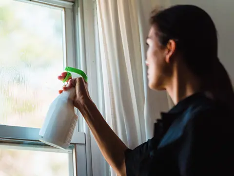 a woman spraying a window with glass cleaner - For a Woman Glancing Out Her Kitchen Window by Jane Ann Fuller